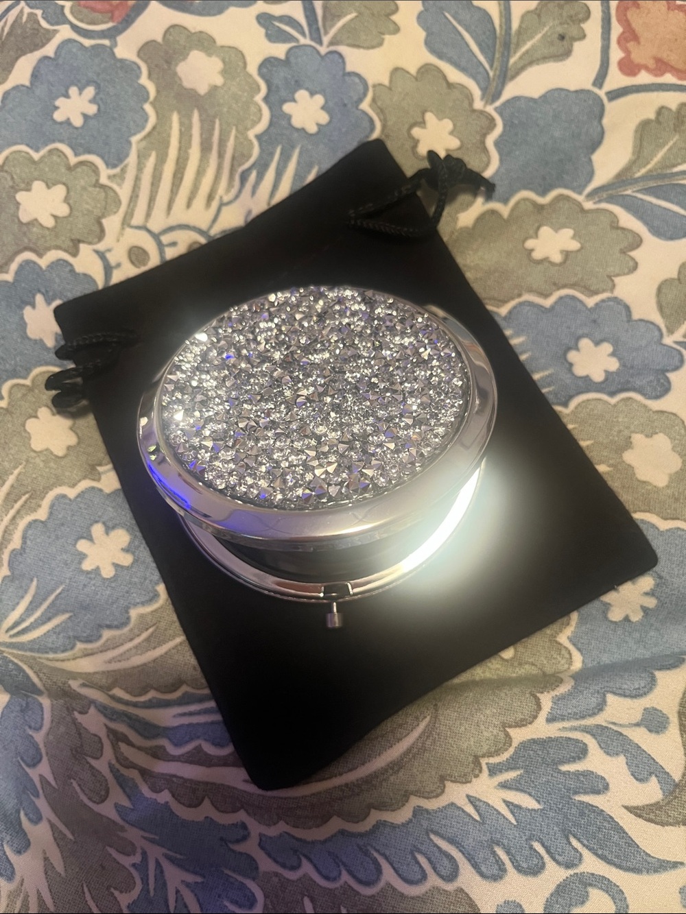New Silver Crystal-Embellished Compact Mirror - Silver. Comes with Dust Bag.